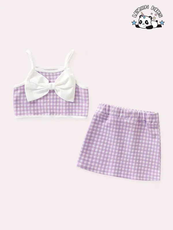 LEZONKIDS - Atacado de Alta Qualidade camiseta com alça de spaghetti e laço grande e saias boutique conjuntos de roupas femininas verão